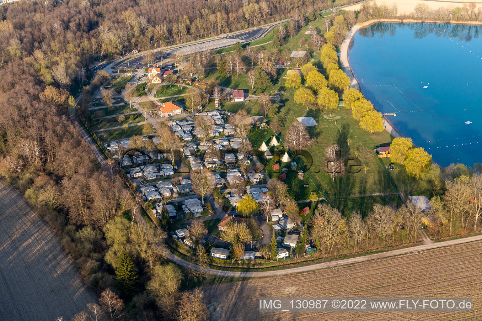 Aerial view of Camping Municipal des Mouettes in Lauterbourg in the state Bas-Rhin, France