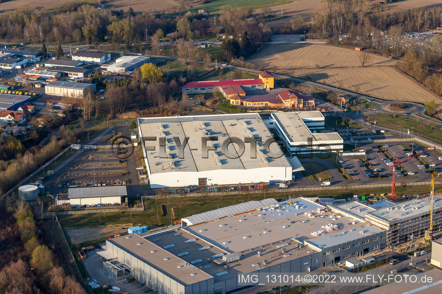 Aerial view of Faurecia Interior Systems GmbH; Groke Doors GmbH, factory Hagenbach in Hagenbach in the state Rhineland-Palatinate, Germany
