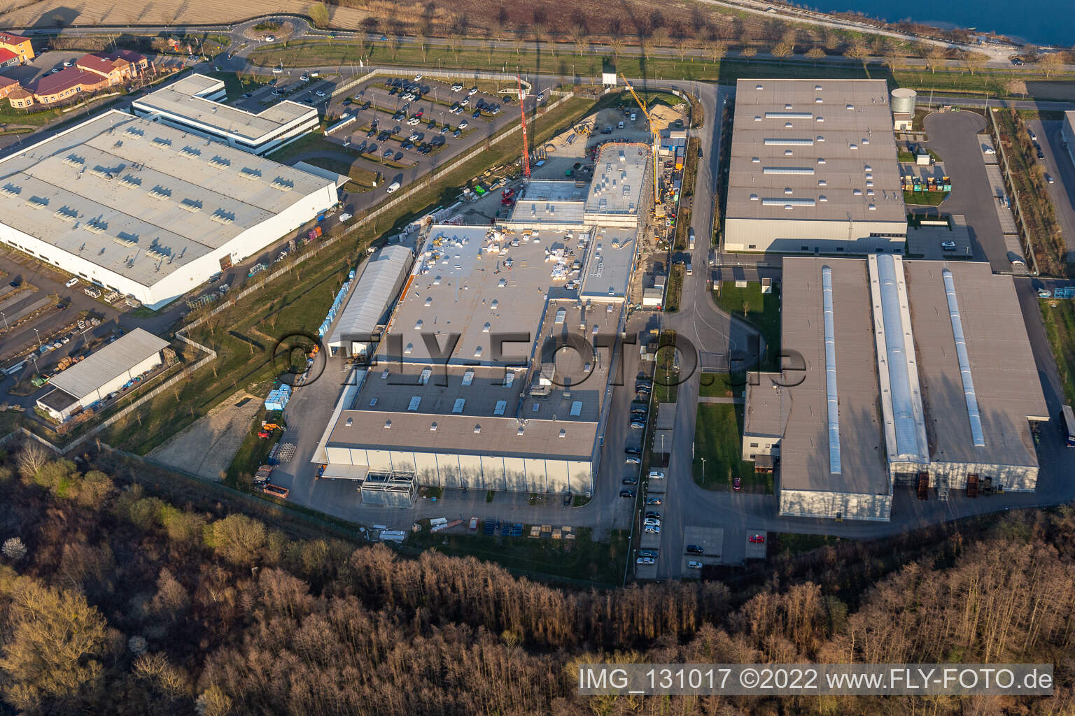 Aerial photograpy of Faurecia Interior Systems GmbH; Groke Doors GmbH, factory Hagenbach in Hagenbach in the state Rhineland-Palatinate, Germany