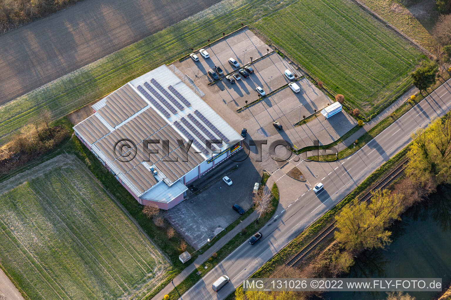 Aerial view of EDEKA Dietz in Hagenbach in the state Rhineland-Palatinate, Germany