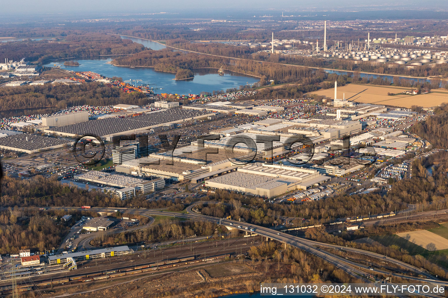 Aerial view of Mercedes-Benz Trucks in the district Maximiliansau in Wörth am Rhein in the state Rhineland-Palatinate, Germany