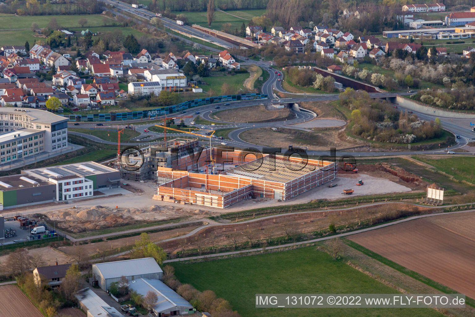 Aerial view of Business park at the exhibition center in the district Queichheim in Landau in der Pfalz in the state Rhineland-Palatinate, Germany