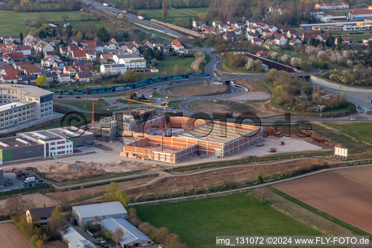 Aerial view of Business park at the exhibition grounds in the district Queichheim in Landau in der Pfalz in the state Rhineland-Palatinate, Germany