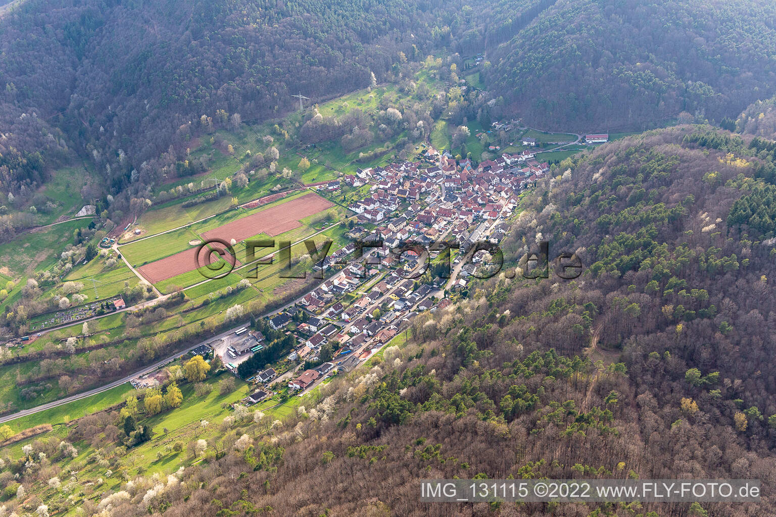 District Gräfenhausen in Annweiler am Trifels in the state Rhineland-Palatinate, Germany viewn from the air