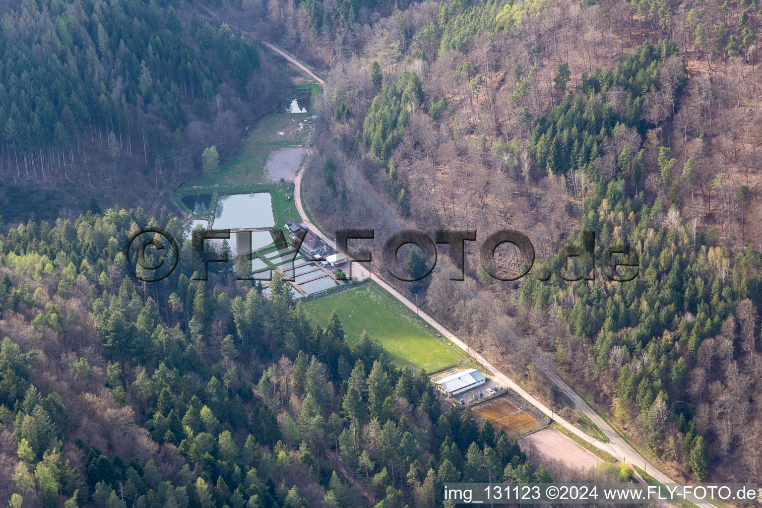 Aerial view of Palatinate Forest Forellen Owner Stefan Erber in Eußerthal in the state Rhineland-Palatinate, Germany