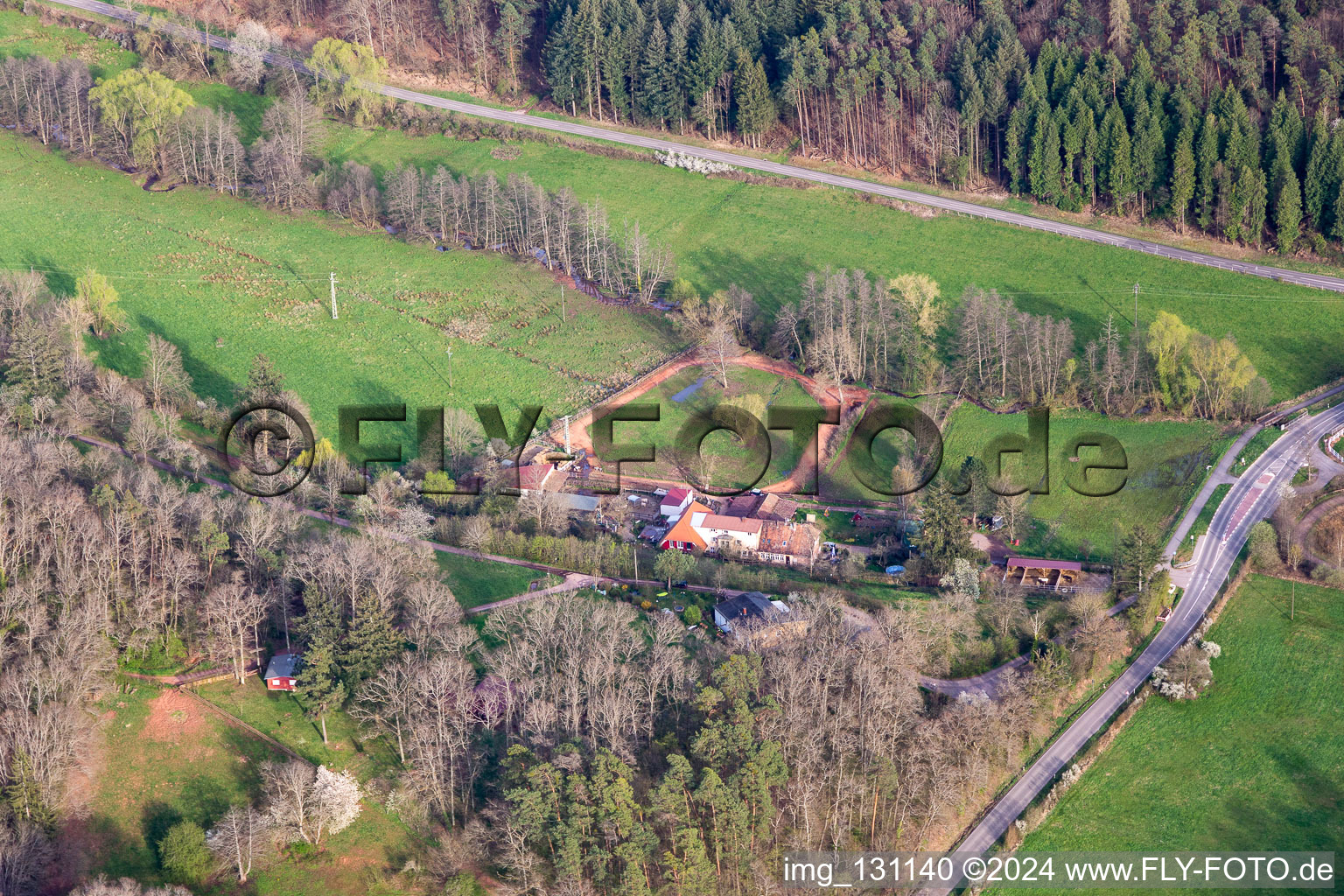 Aerial view of Vogelstockerhof in Eußerthal in the state Rhineland-Palatinate, Germany