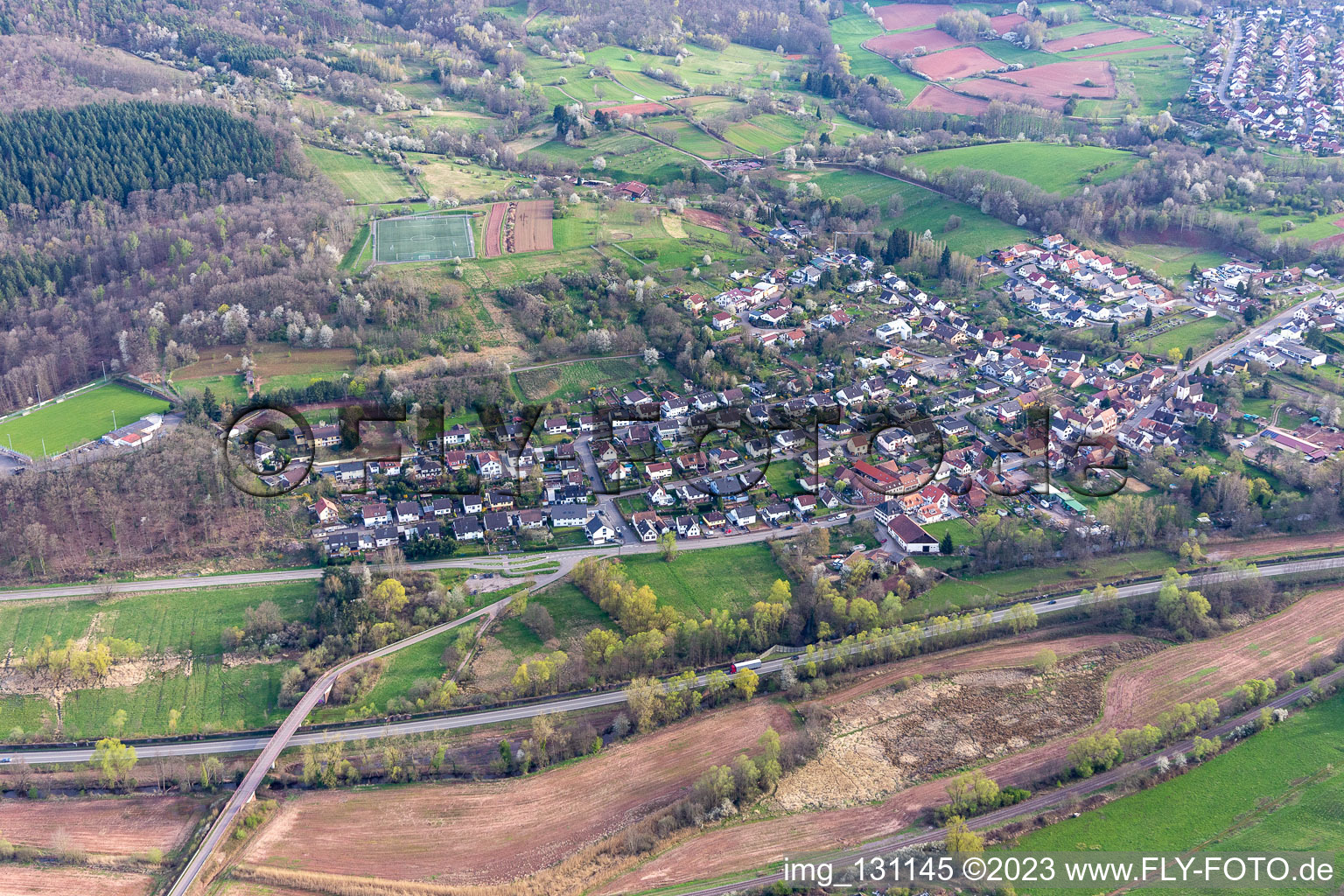 District Queichhambach in Annweiler am Trifels in the state Rhineland-Palatinate, Germany from above