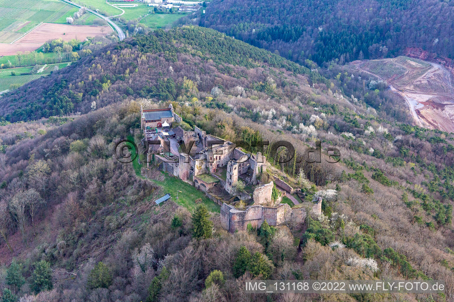 Drone recording of Madenburg in Eschbach in the state Rhineland-Palatinate, Germany
