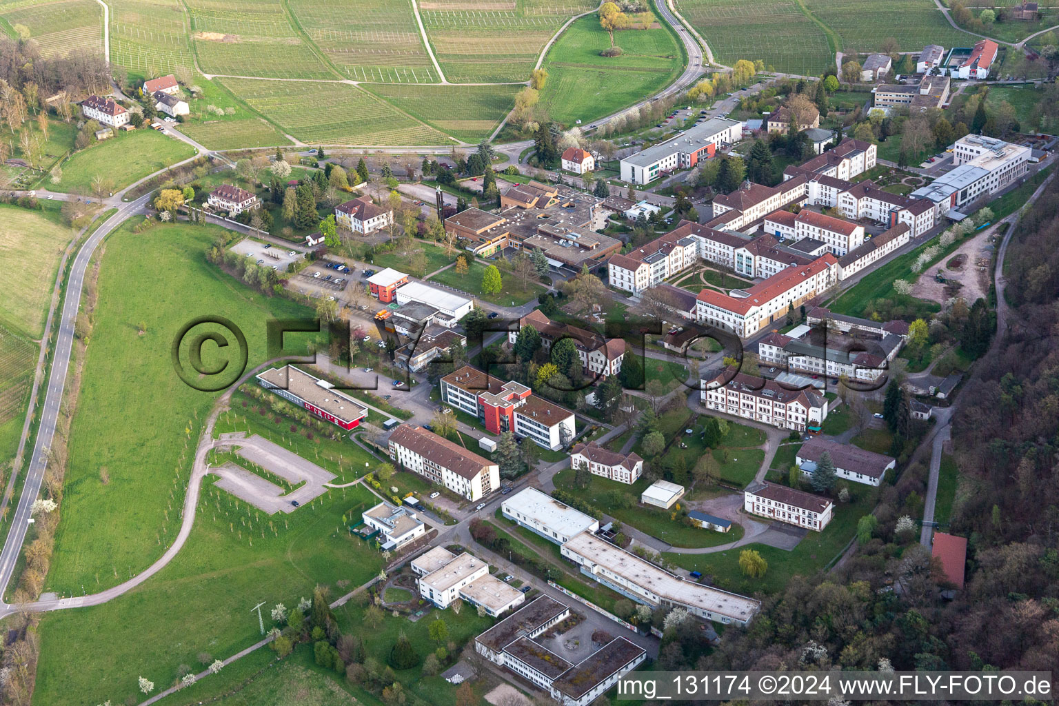 Oblique view of Pfalzklinik Landeck in Waldhambach in the state Rhineland-Palatinate, Germany