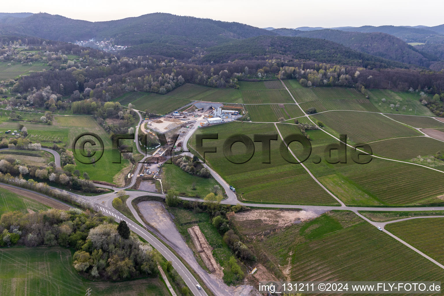 Aerial view of Tunnel portal construction site Bad Bergzabern in Dörrenbach in the state Rhineland-Palatinate, Germany