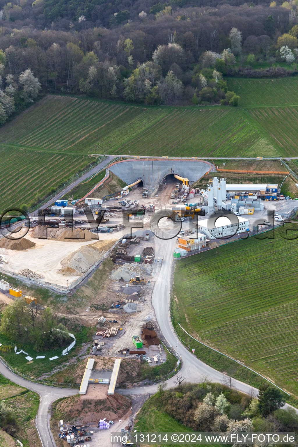 Oblique view of Tunnel portal construction site Bad Bergzabern in Dörrenbach in the state Rhineland-Palatinate, Germany