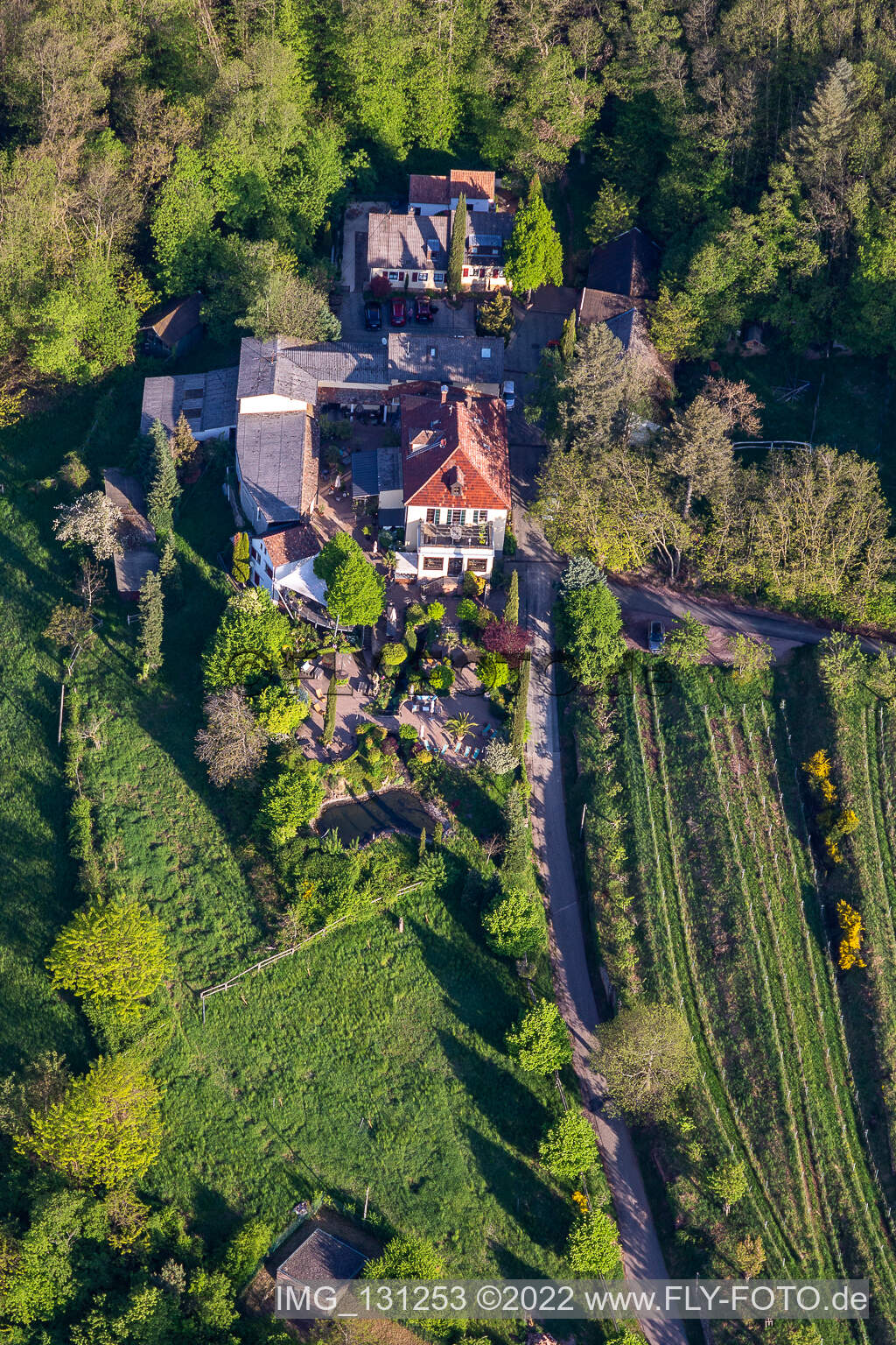 Aerial view of Guesthouse Sankt Annagut in Burrweiler in the state Rhineland-Palatinate, Germany