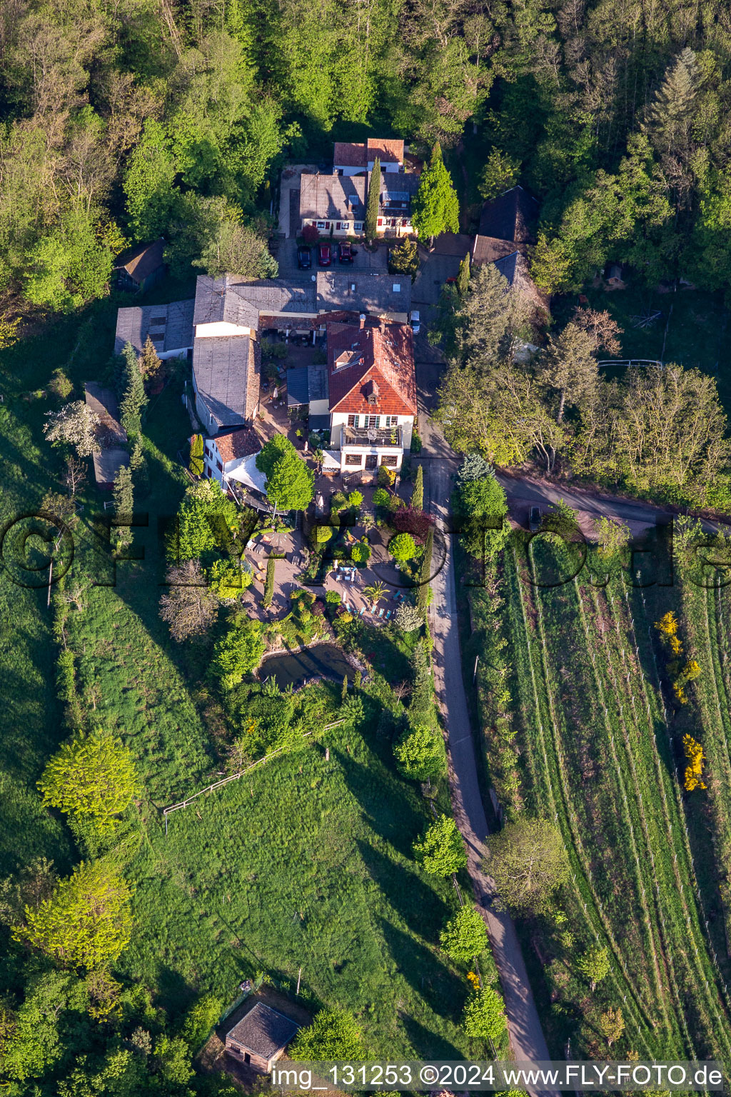 Aerial view of Guesthouse Sankt Annagut in Burrweiler in the state Rhineland-Palatinate, Germany