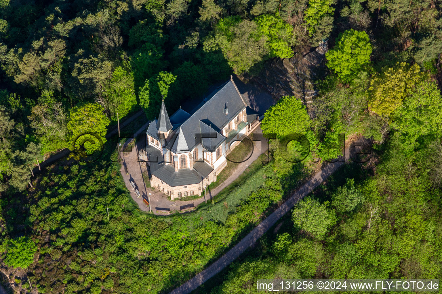 Aerial view of St. Anne's Chapel in Burrweiler in the state Rhineland-Palatinate, Germany