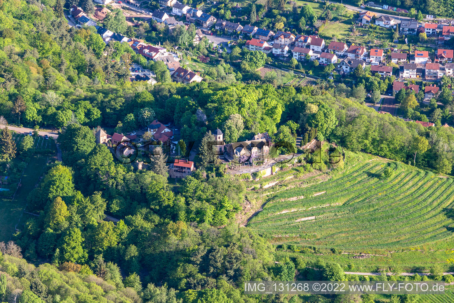 Kropsburg Castle in Sankt Martin in the state Rhineland-Palatinate, Germany from above
