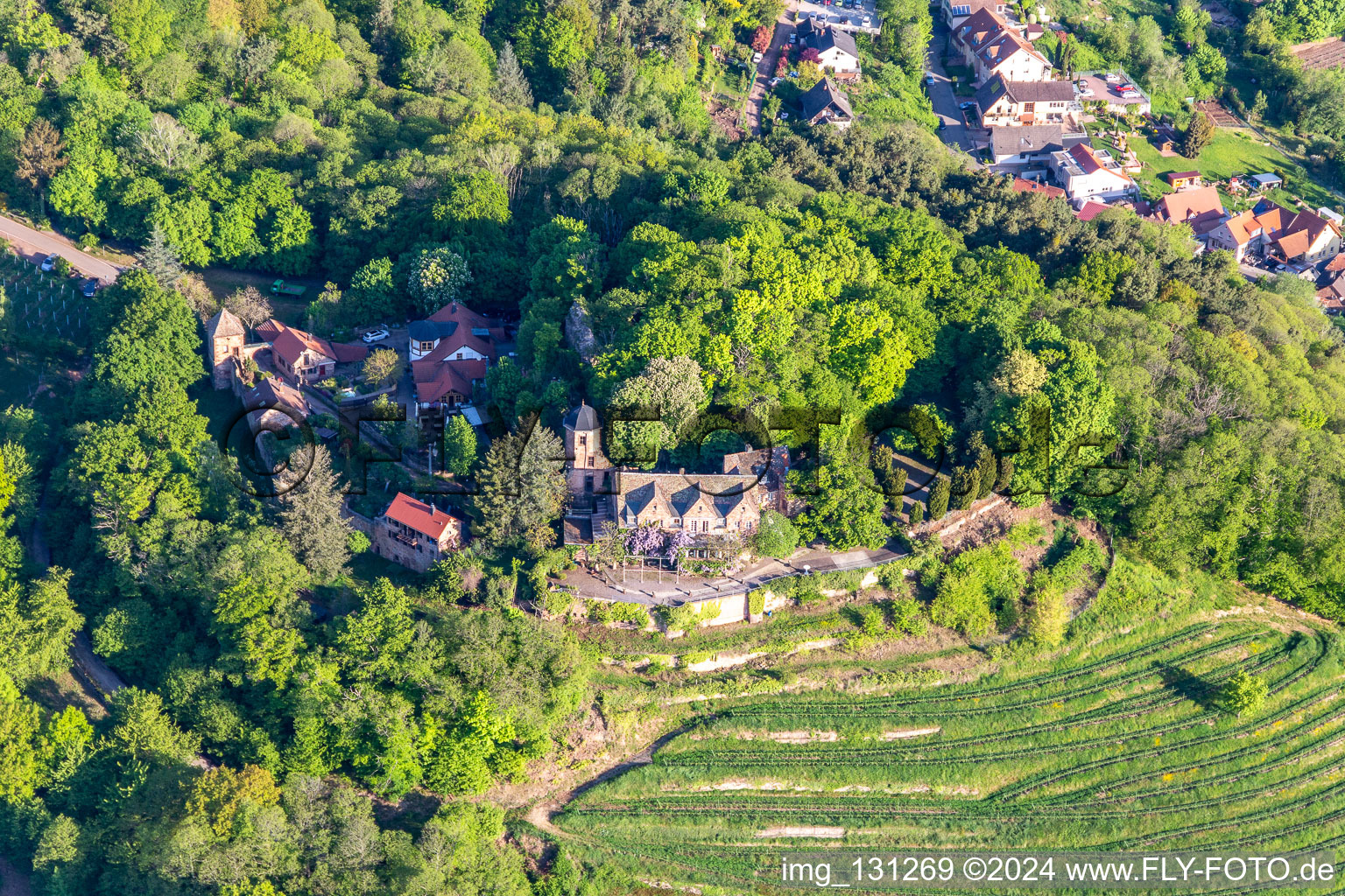 Aerial view of Kropsburg Castle in the district SaintMartin in Sankt Martin in the state Rhineland-Palatinate, Germany