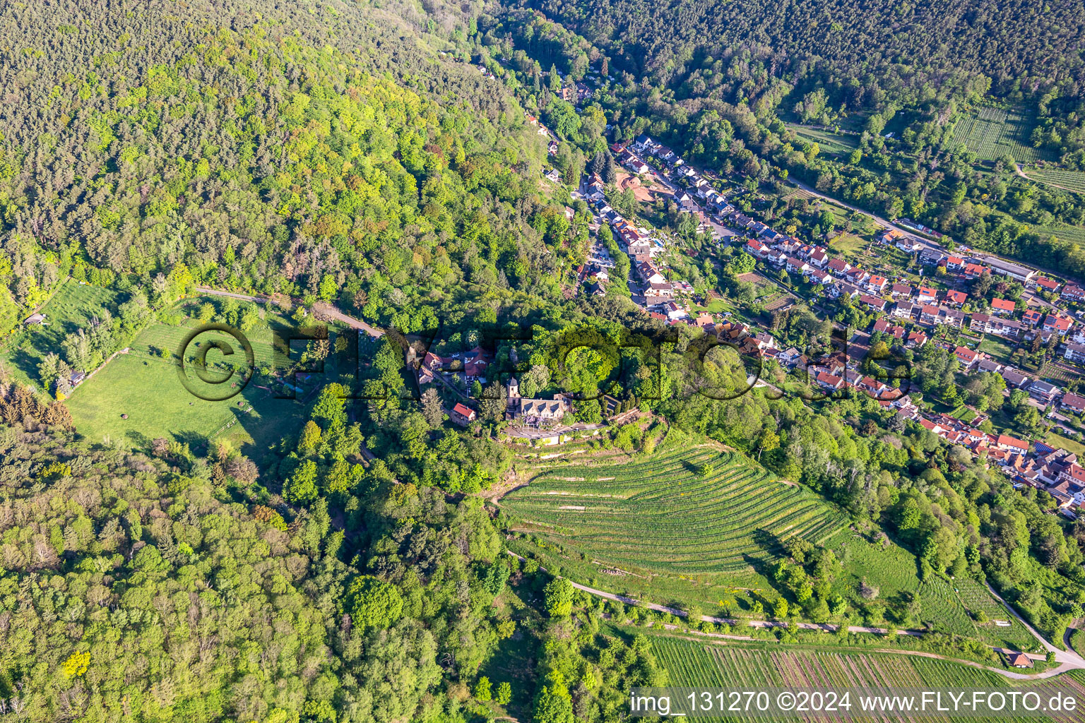 Kropsburg Castle in Sankt Martin in the state Rhineland-Palatinate, Germany seen from above