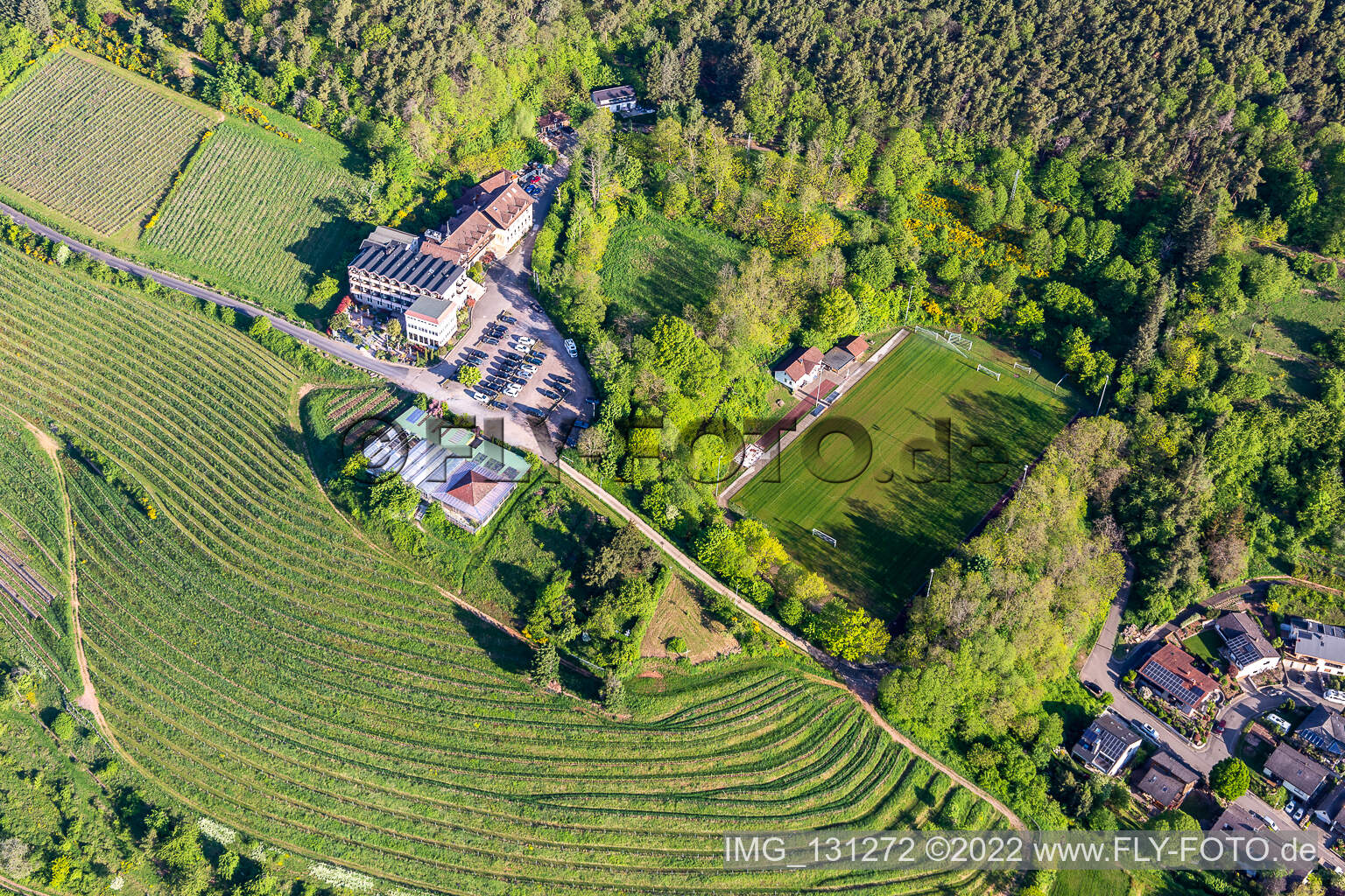 Aerial view of Hotel Haus am Weinberg in Sankt Martin in the state Rhineland-Palatinate, Germany