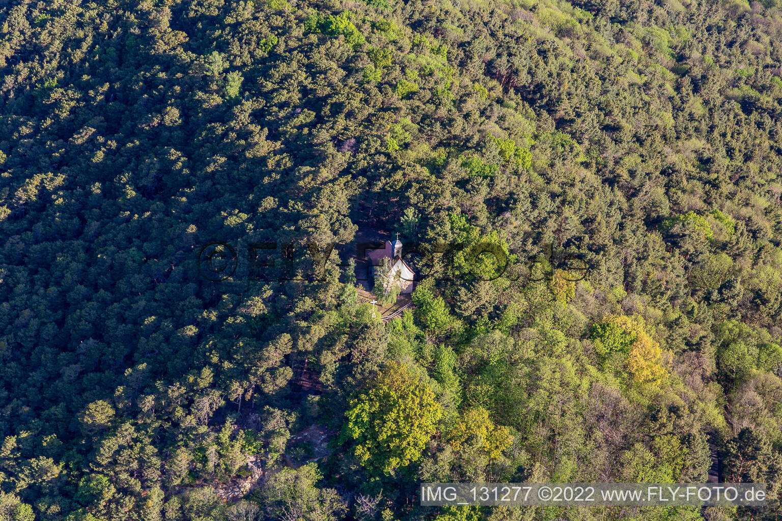 Aerial photograpy of Wetterkreuzberg Chapel in Maikammer in the state Rhineland-Palatinate, Germany