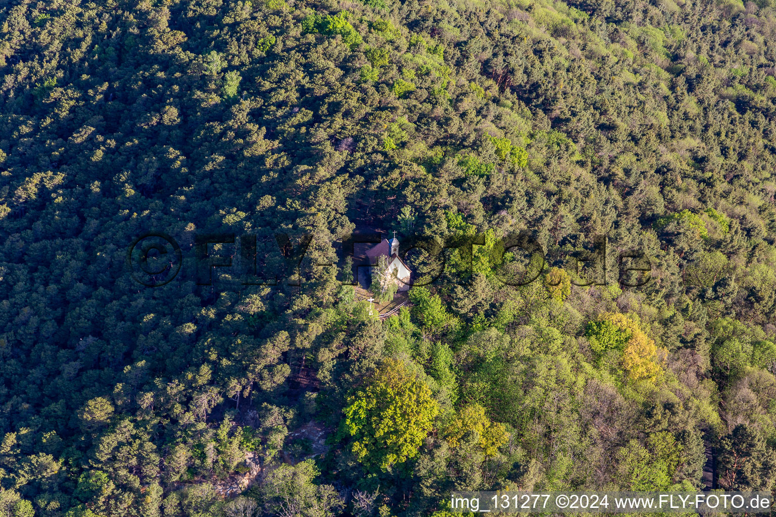 Aerial photograpy of Wetterkreuzberg Chapel in Maikammer in the state Rhineland-Palatinate, Germany