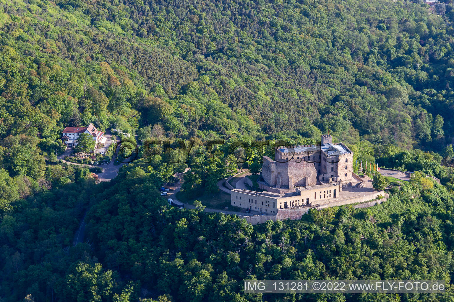 Hambach Castle in the district Diedesfeld in Neustadt an der Weinstraße in the state Rhineland-Palatinate, Germany from the drone perspective