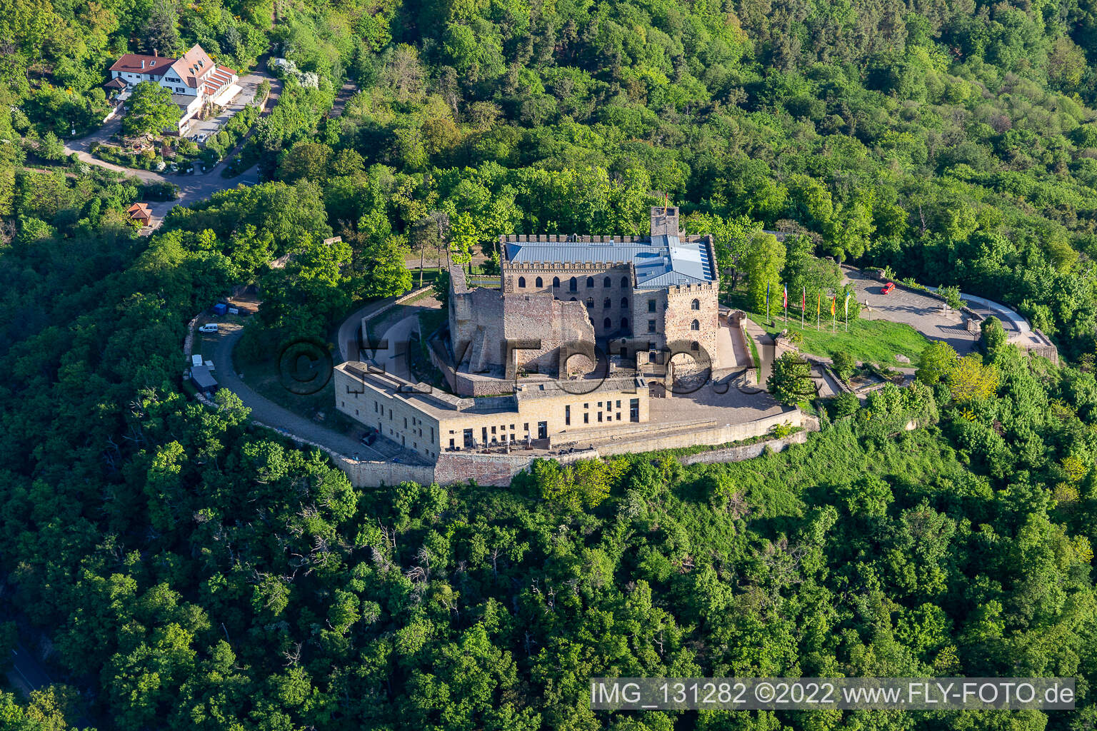 Hambach Castle in the district Diedesfeld in Neustadt an der Weinstraße in the state Rhineland-Palatinate, Germany from a drone