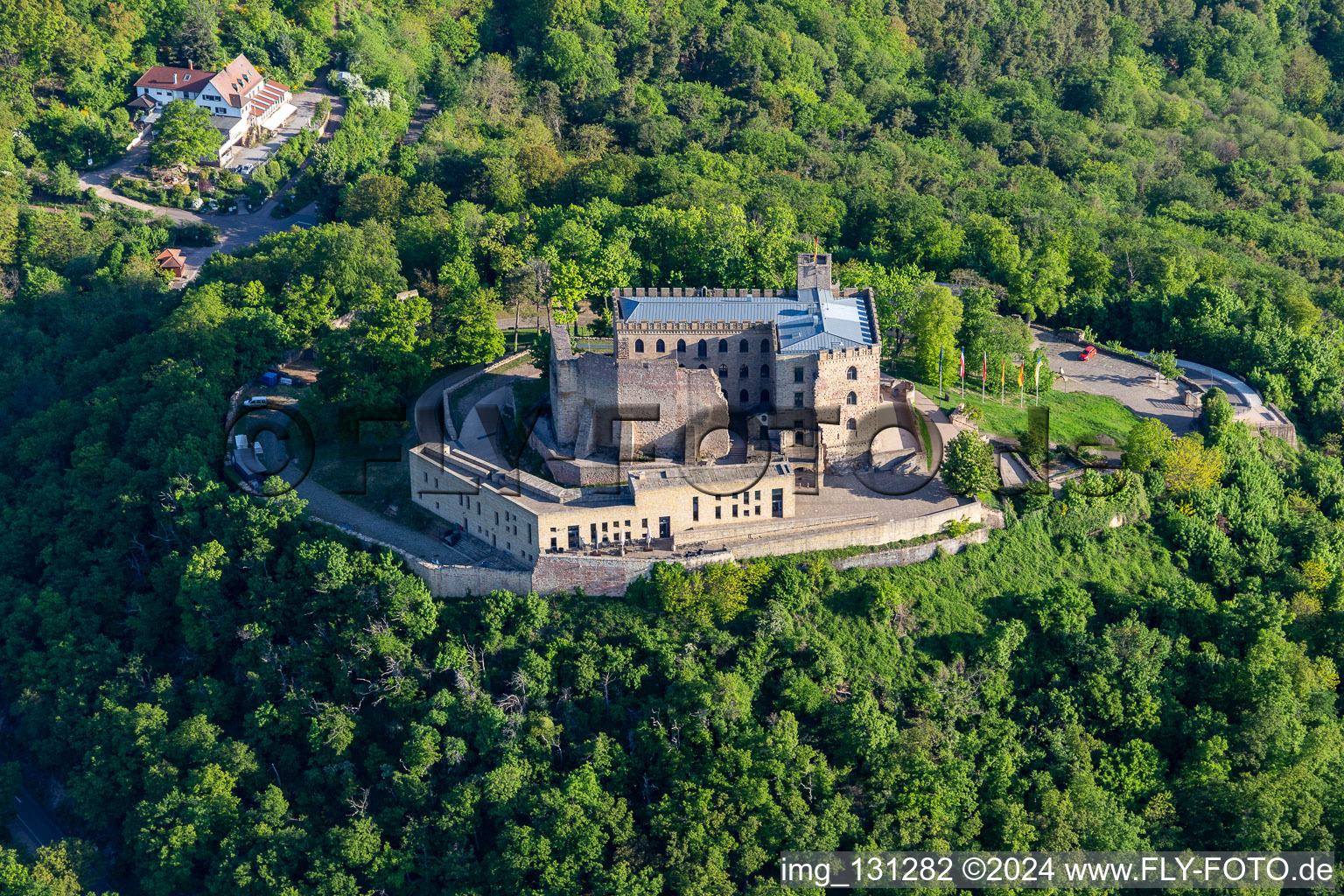 Hambach Castle in the district Diedesfeld in Neustadt an der Weinstraße in the state Rhineland-Palatinate, Germany from a drone