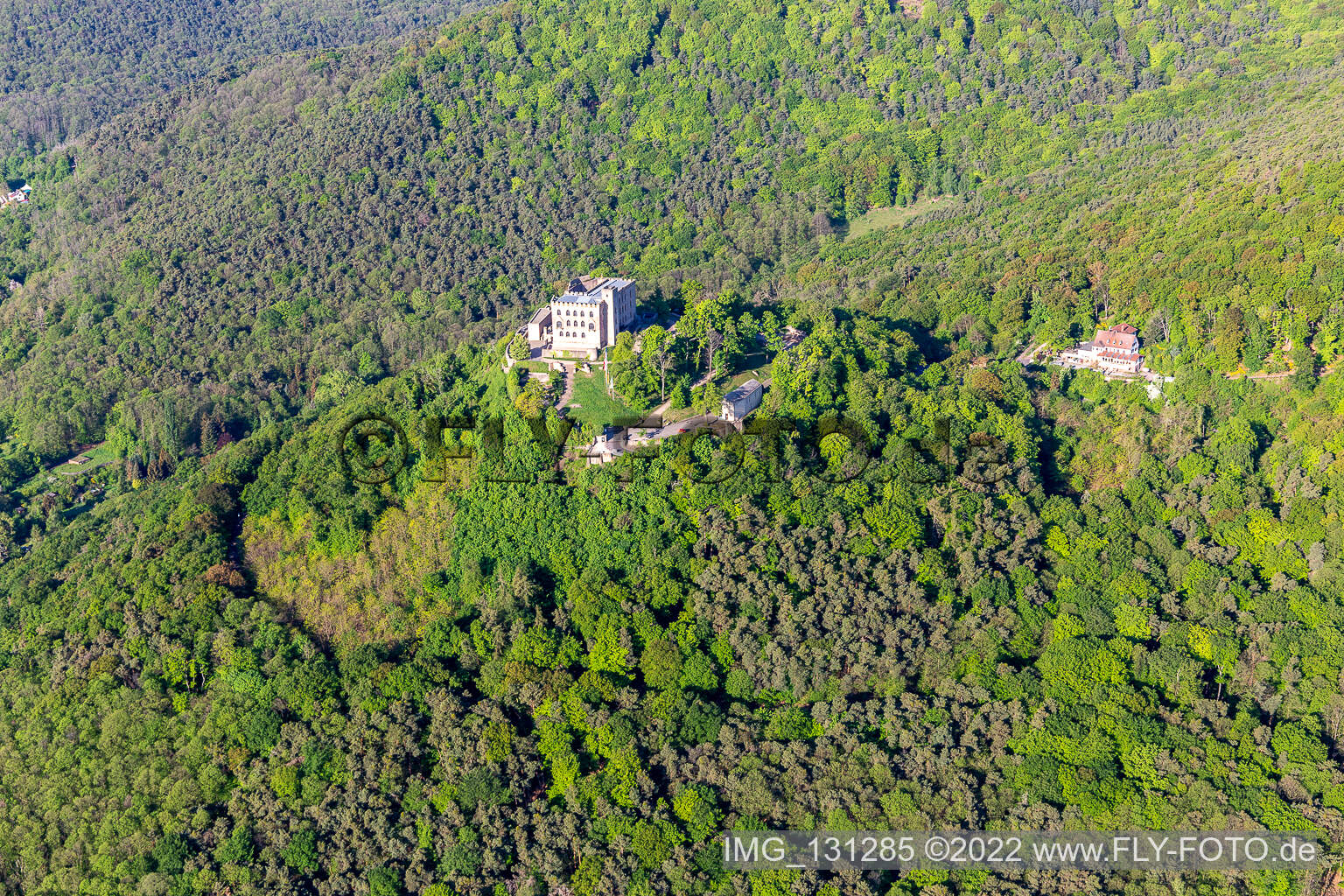 Hambach Castle in the district Diedesfeld in Neustadt an der Weinstraße in the state Rhineland-Palatinate, Germany seen from a drone