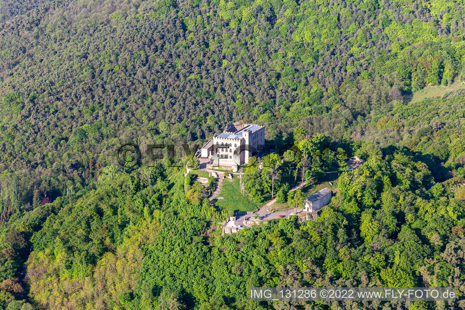 Aerial view of Hambach Castle in the district Diedesfeld in Neustadt an der Weinstraße in the state Rhineland-Palatinate, Germany