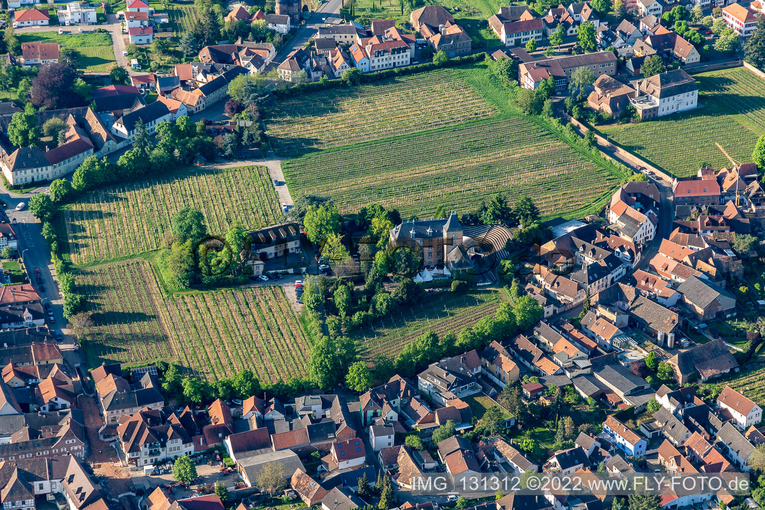 Aerial photograpy of Hotel Schloß Edesheim, private hotels Dr. Lohbeck GmbH & Co. KG in Edesheim in the state Rhineland-Palatinate, Germany