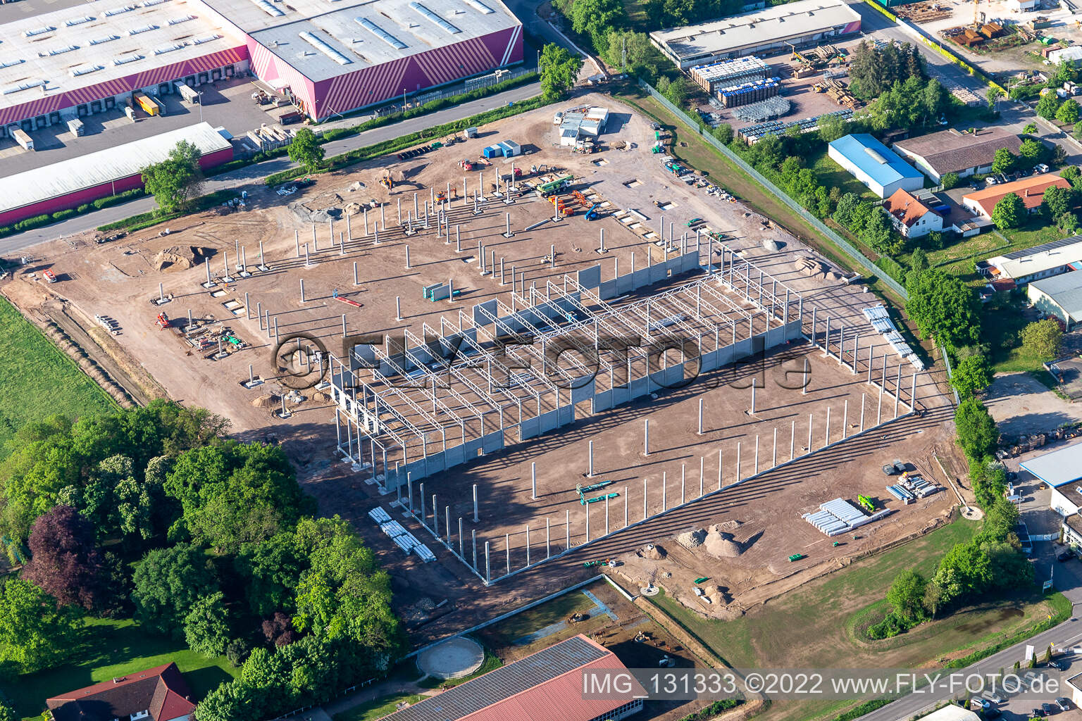Aerial photograpy of Hornbach Construction site of the Hornbach logistics center Essingen in Essingen in the state Rhineland-Palatinate, Germany
