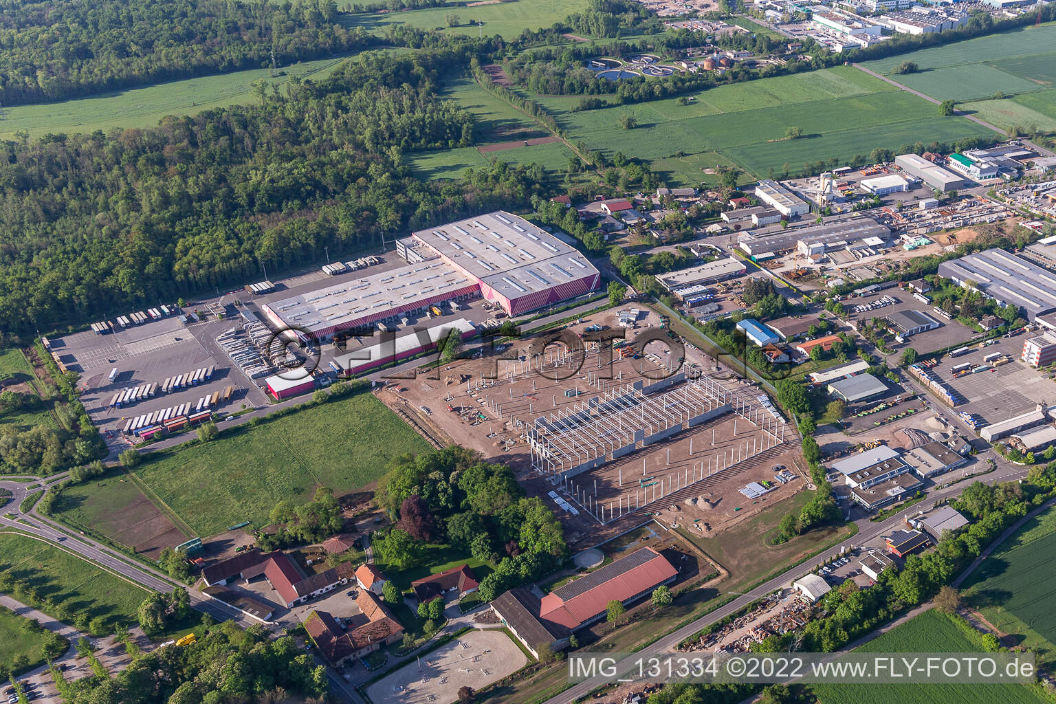 Oblique view of Hornbach Construction site of the Hornbach logistics center Essingen in the district Dreihof in Essingen in the state Rhineland-Palatinate, Germany