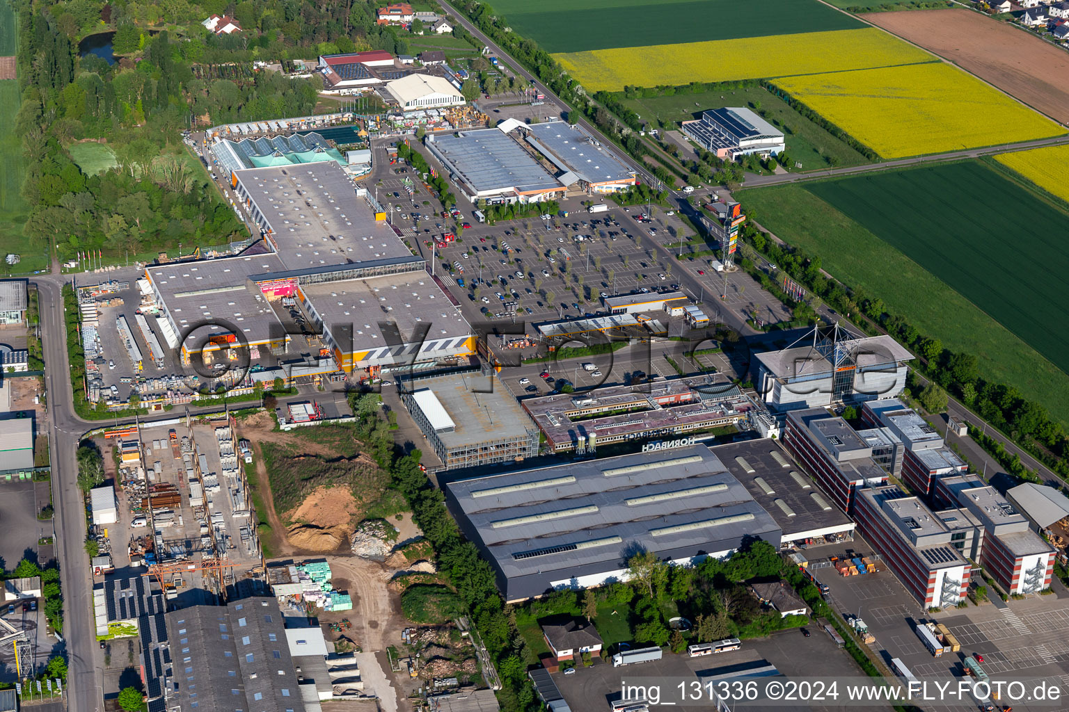 Aerial view of Hornbach hardware store in Bornheim in the state Rhineland-Palatinate, Germany