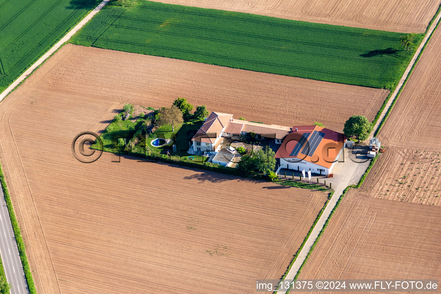 Bioland Winery Neuspergerhof in Rohrbach in the state Rhineland-Palatinate, Germany seen from above