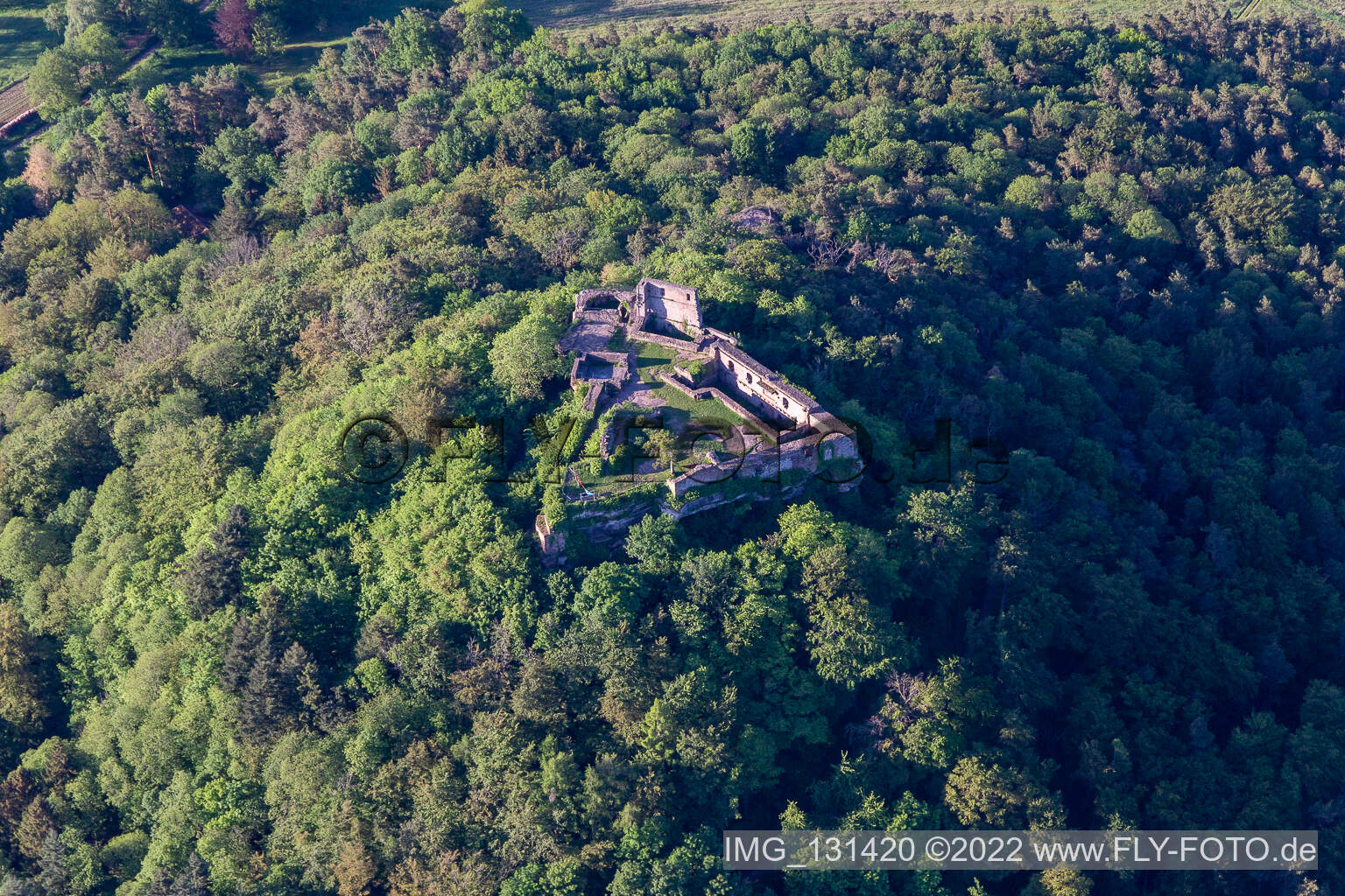 Aerial view of Lindelbrunn castle ruins in Vorderweidenthal in the state Rhineland-Palatinate, Germany