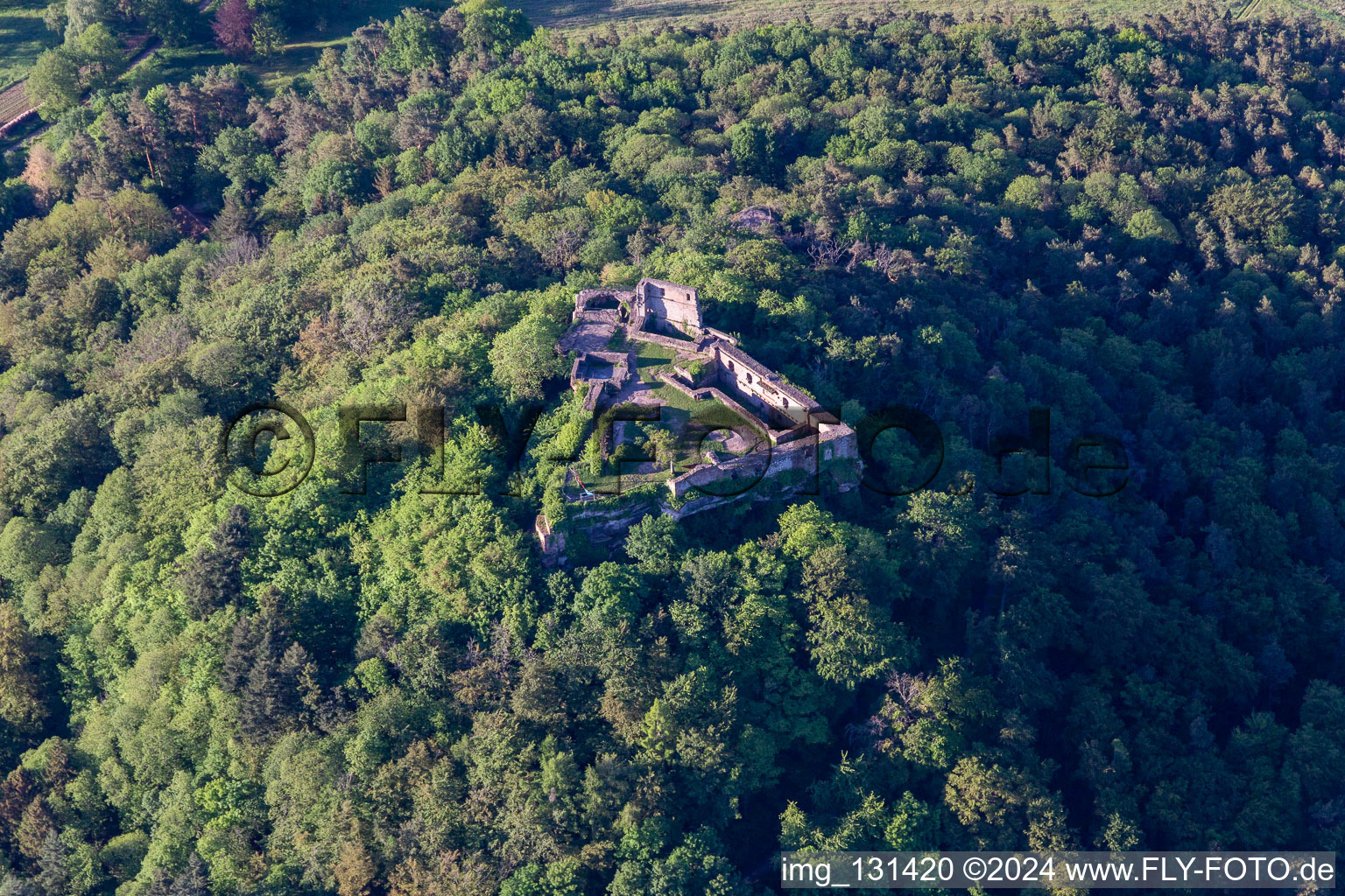 Aerial view of Lindelbrunn Castle Ruins in Vorderweidenthal in the state Rhineland-Palatinate, Germany