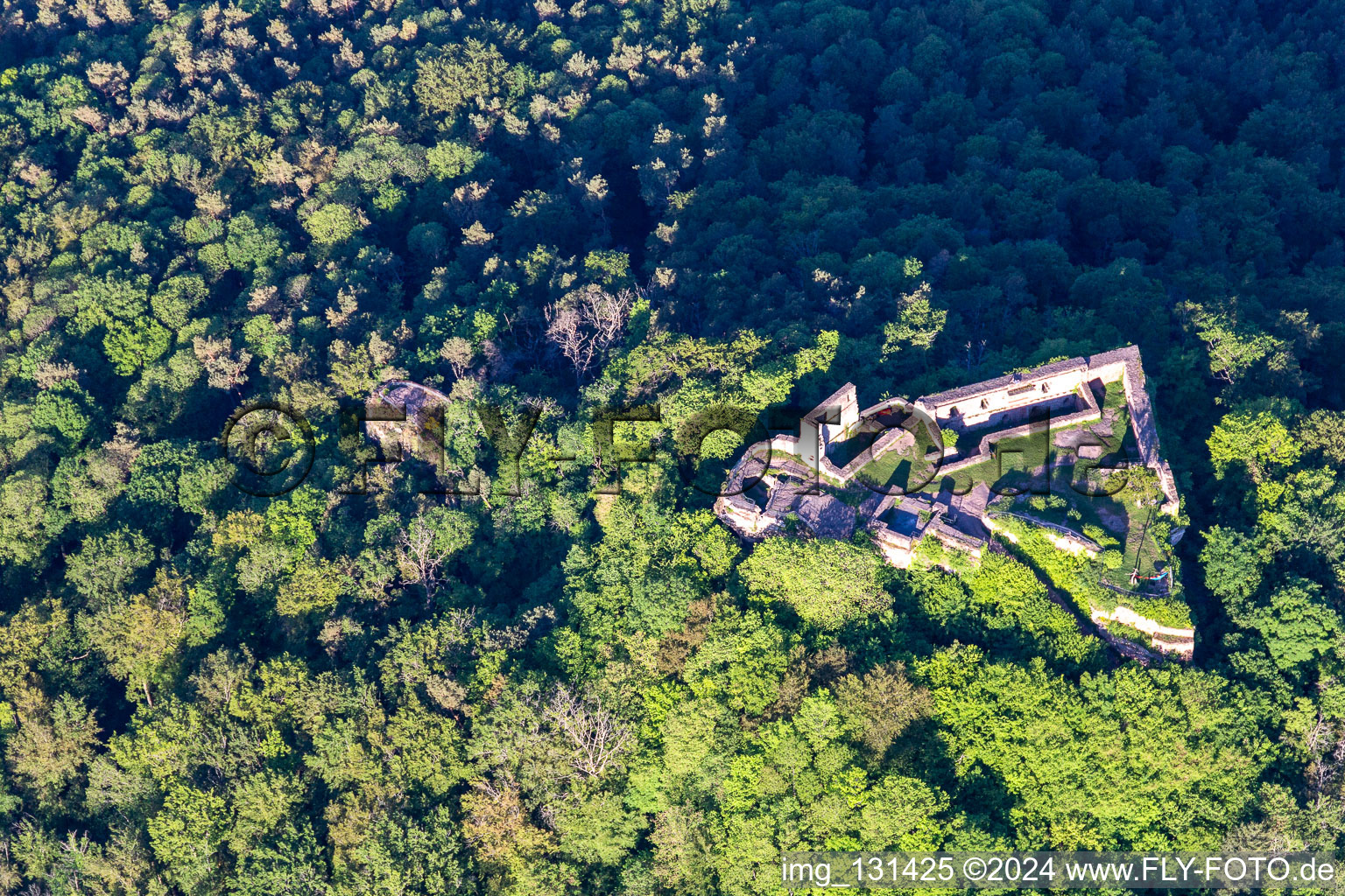 Aerial photograpy of Lindelbrunn Castle Ruins in Vorderweidenthal in the state Rhineland-Palatinate, Germany