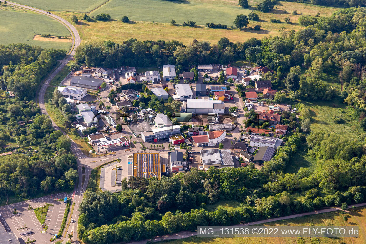Aerial photograpy of Mittelwegring commercial area in Jockgrim in the state Rhineland-Palatinate, Germany