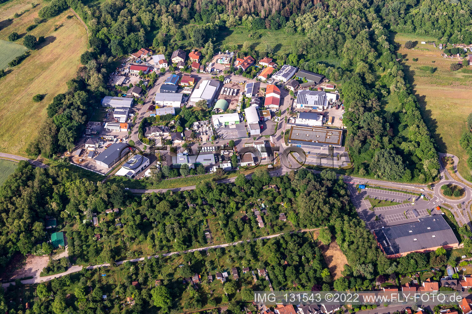 Oblique view of Mittelwegring commercial area in Jockgrim in the state Rhineland-Palatinate, Germany