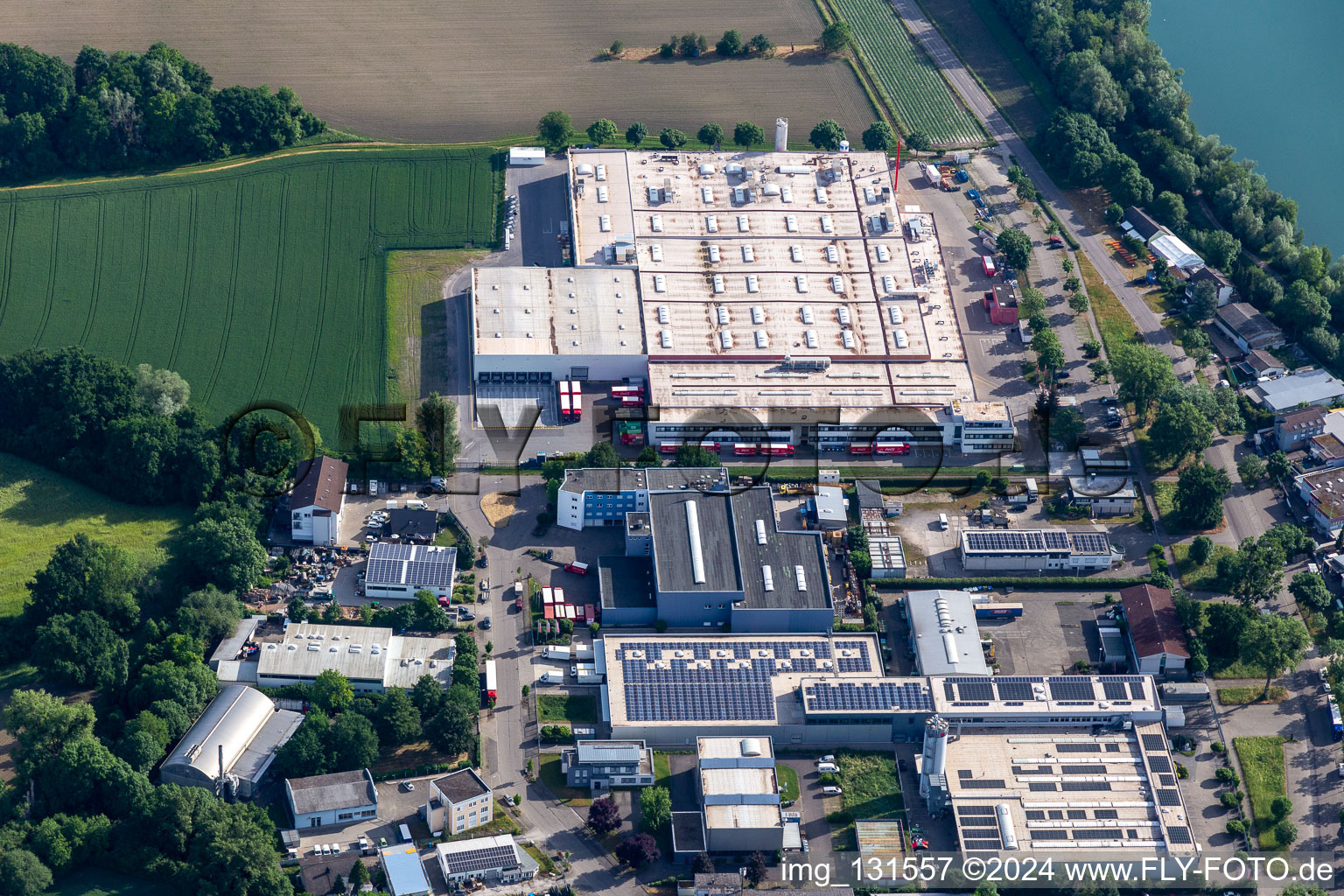 Aerial view of Coca-Cola European Partners Germany GmbH in the district Neureut in Karlsruhe in the state Baden-Wuerttemberg, Germany