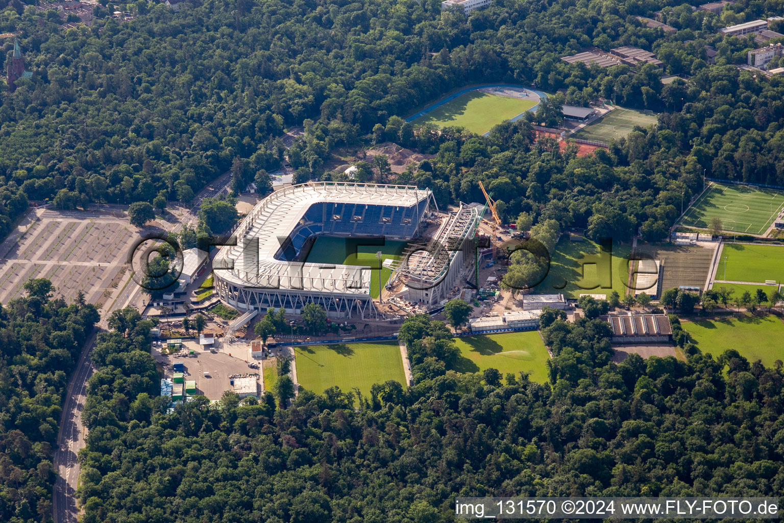 Aerial view of Construction site of the new stadium of Karlsruher Sport-Club GmbH & Co. KGaA in the district Innenstadt-Ost in Karlsruhe in the state Baden-Wuerttemberg, Germany