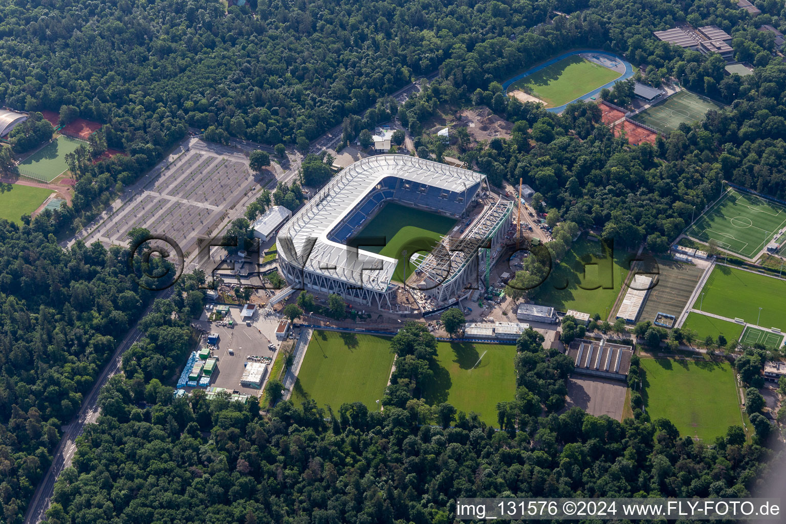 Aerial photograpy of Construction site of the new stadium of Karlsruher Sport-Club GmbH & Co. KGaA in the district Innenstadt-Ost in Karlsruhe in the state Baden-Wuerttemberg, Germany