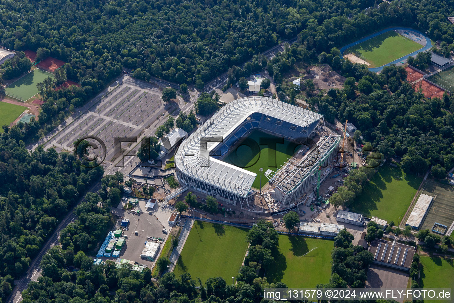 Oblique view of Construction site of the new stadium of Karlsruher Sport-Club GmbH & Co. KGaA in the district Innenstadt-Ost in Karlsruhe in the state Baden-Wuerttemberg, Germany