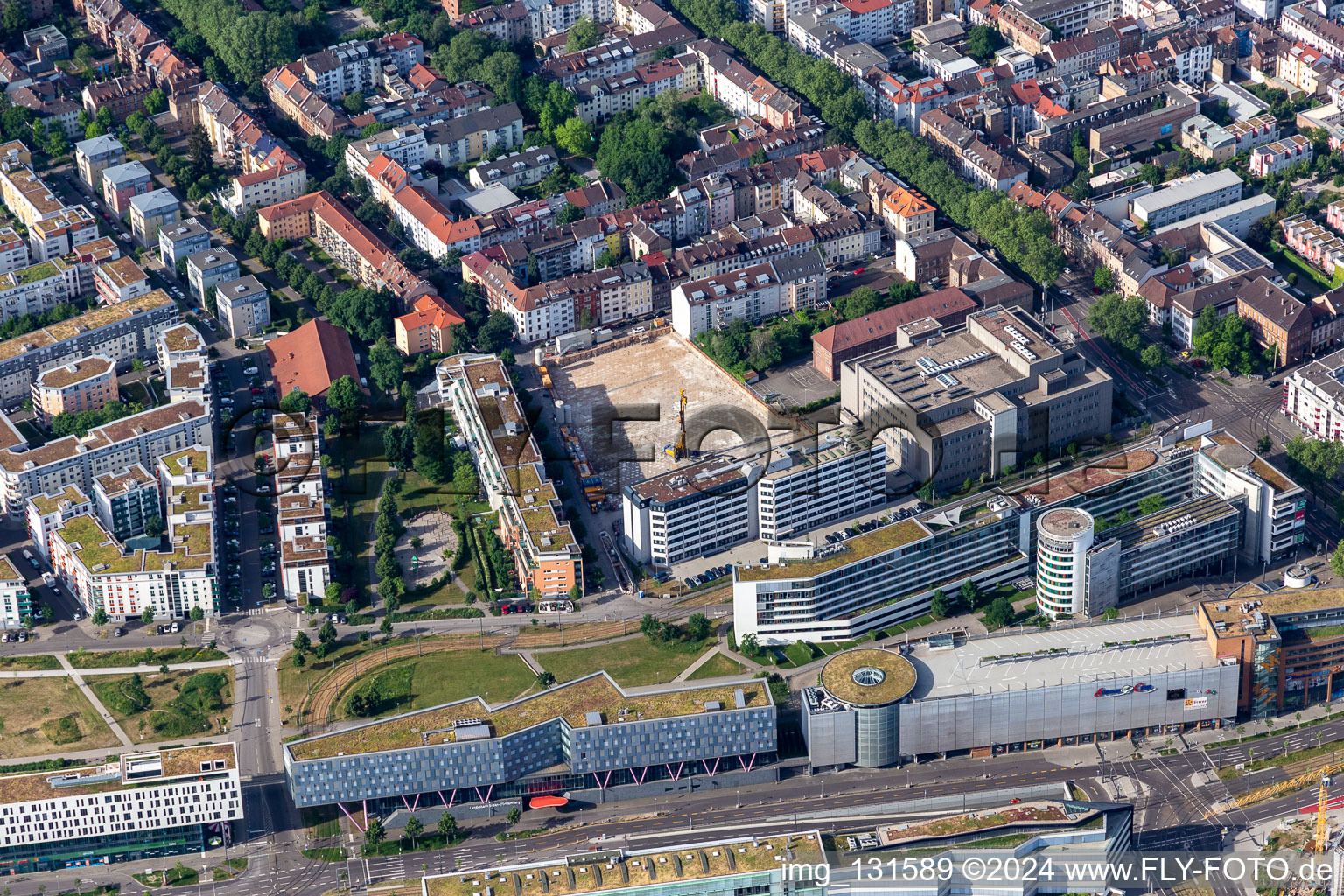 Aerial view of Check-in Center PSD Bank Karlsruhe-Neustadt eG, LBBW Landesbank Baden-Württemberg (Karlsruhe) in the district Südstadt in Karlsruhe in the state Baden-Wuerttemberg, Germany