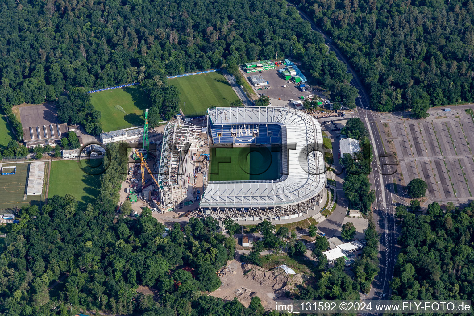 Construction site of the new stadium of Karlsruher Sport-Club GmbH & Co. KGaA in the district Innenstadt-Ost in Karlsruhe in the state Baden-Wuerttemberg, Germany from above