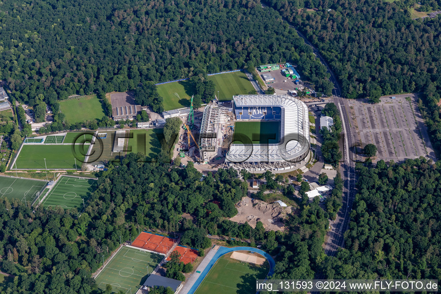 Construction site of the new stadium of Karlsruher Sport-Club GmbH & Co. KGaA in the district Innenstadt-Ost in Karlsruhe in the state Baden-Wuerttemberg, Germany out of the air