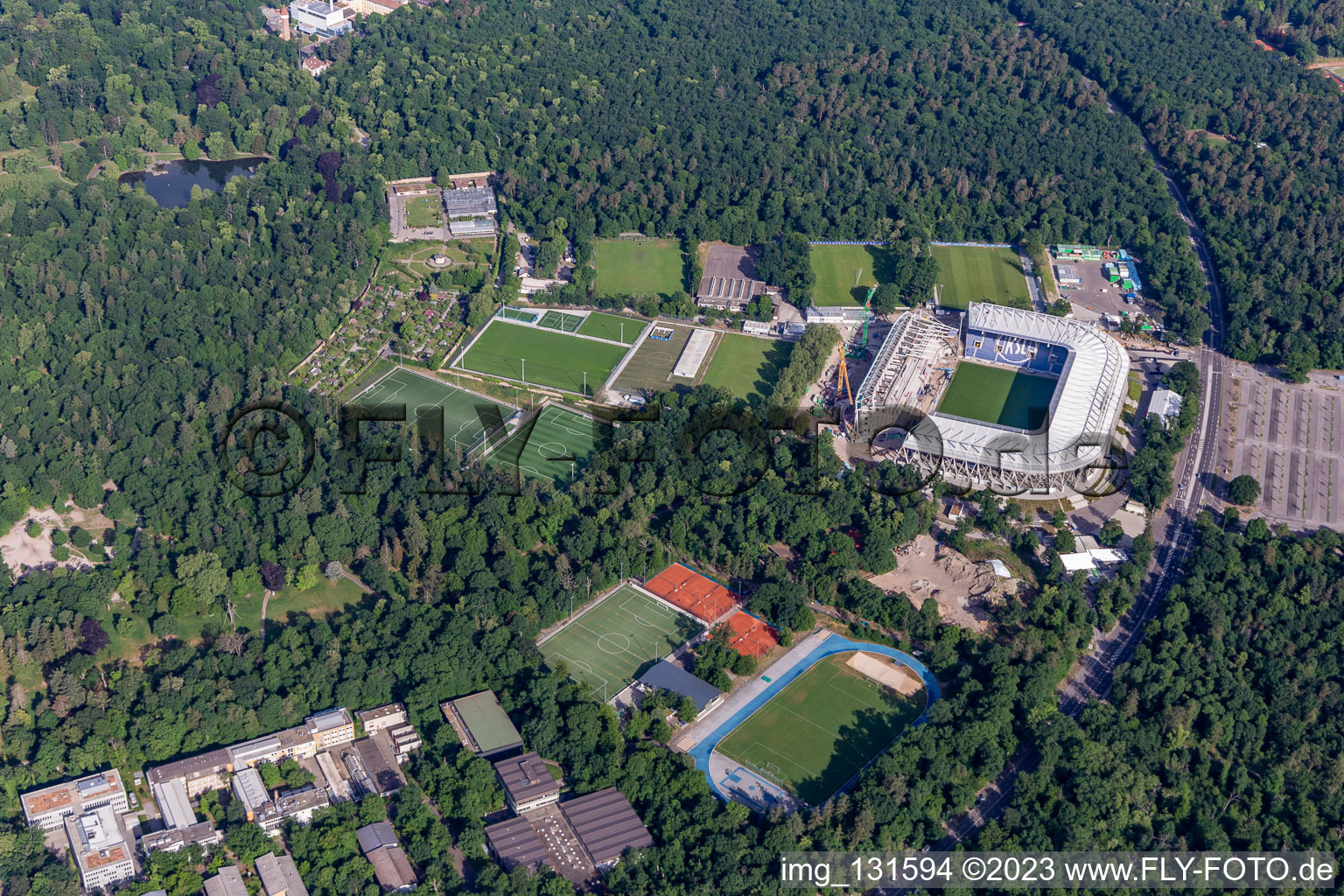 Construction site for the new stadium of Karlsruher Sport-Club GmbH & Co. KGaA in the district Innenstadt-Ost in Karlsruhe in the state Baden-Wuerttemberg, Germany seen from above