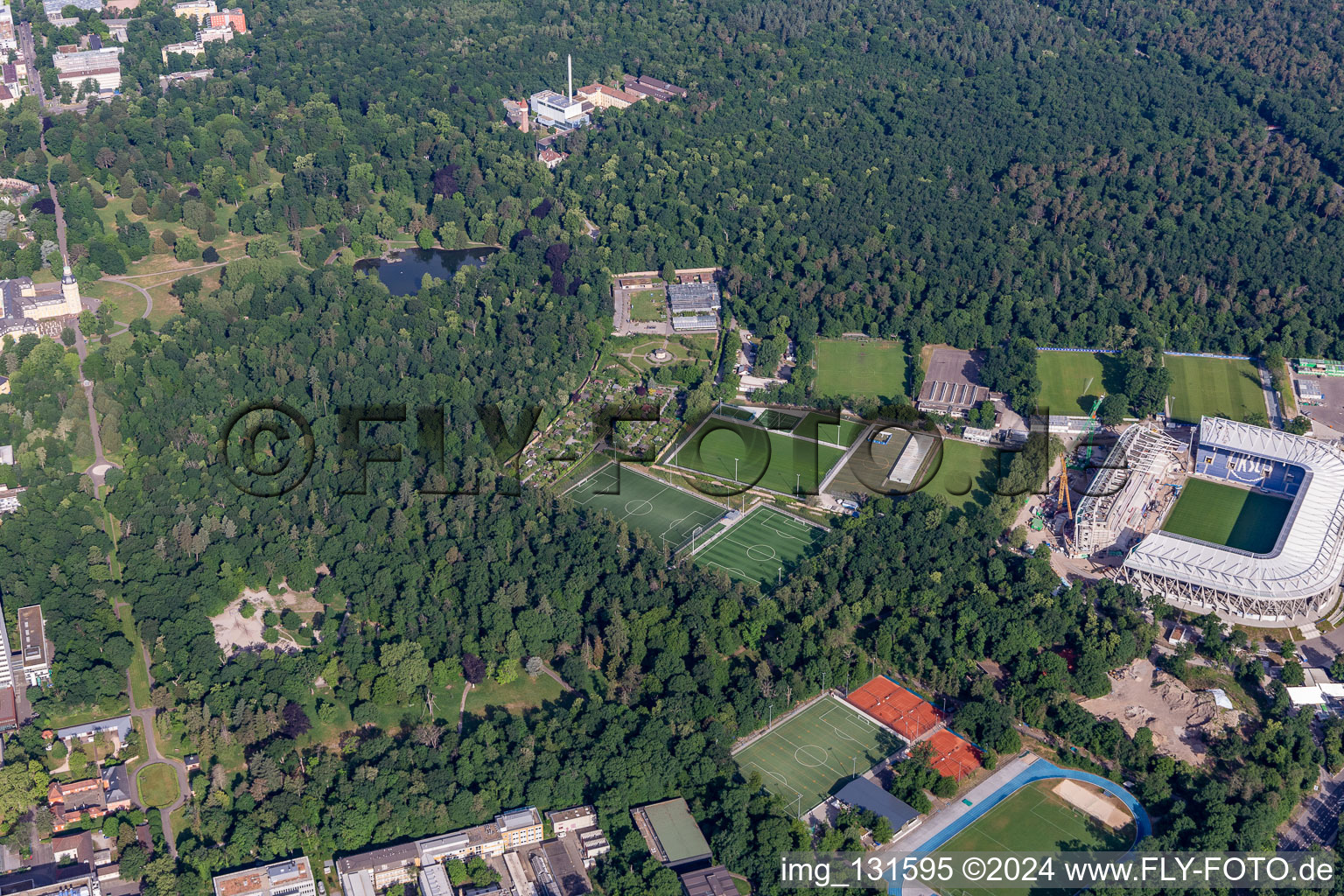 Construction site of the new stadium of Karlsruher Sport-Club GmbH & Co. KGaA in the district Innenstadt-Ost in Karlsruhe in the state Baden-Wuerttemberg, Germany from the plane