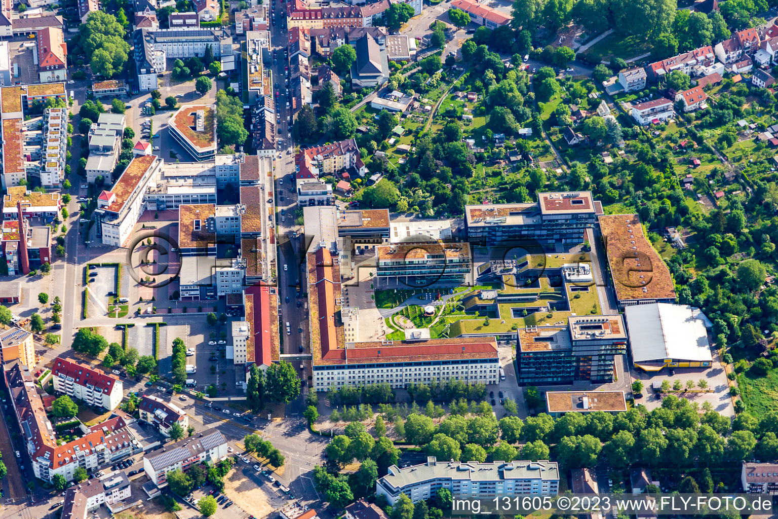 Aerial view of RaumFabrik (former Pfaff site) in the district Durlach in Karlsruhe in the state Baden-Wuerttemberg, Germany