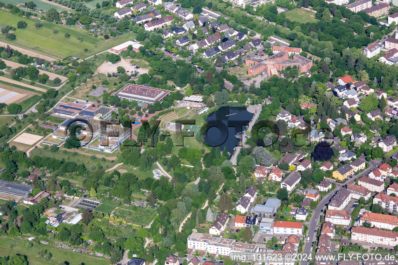 Albgauhalle at Horbachpark and Horbachsee in Ettlingen in the state Baden-Wuerttemberg, Germany